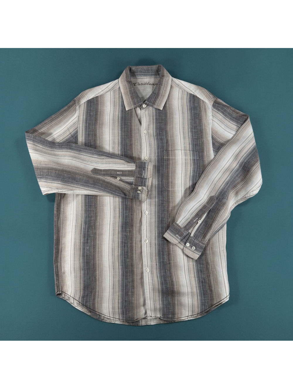 Caribbean Men's Linen Cotton Striped Button-Up Shirt Large